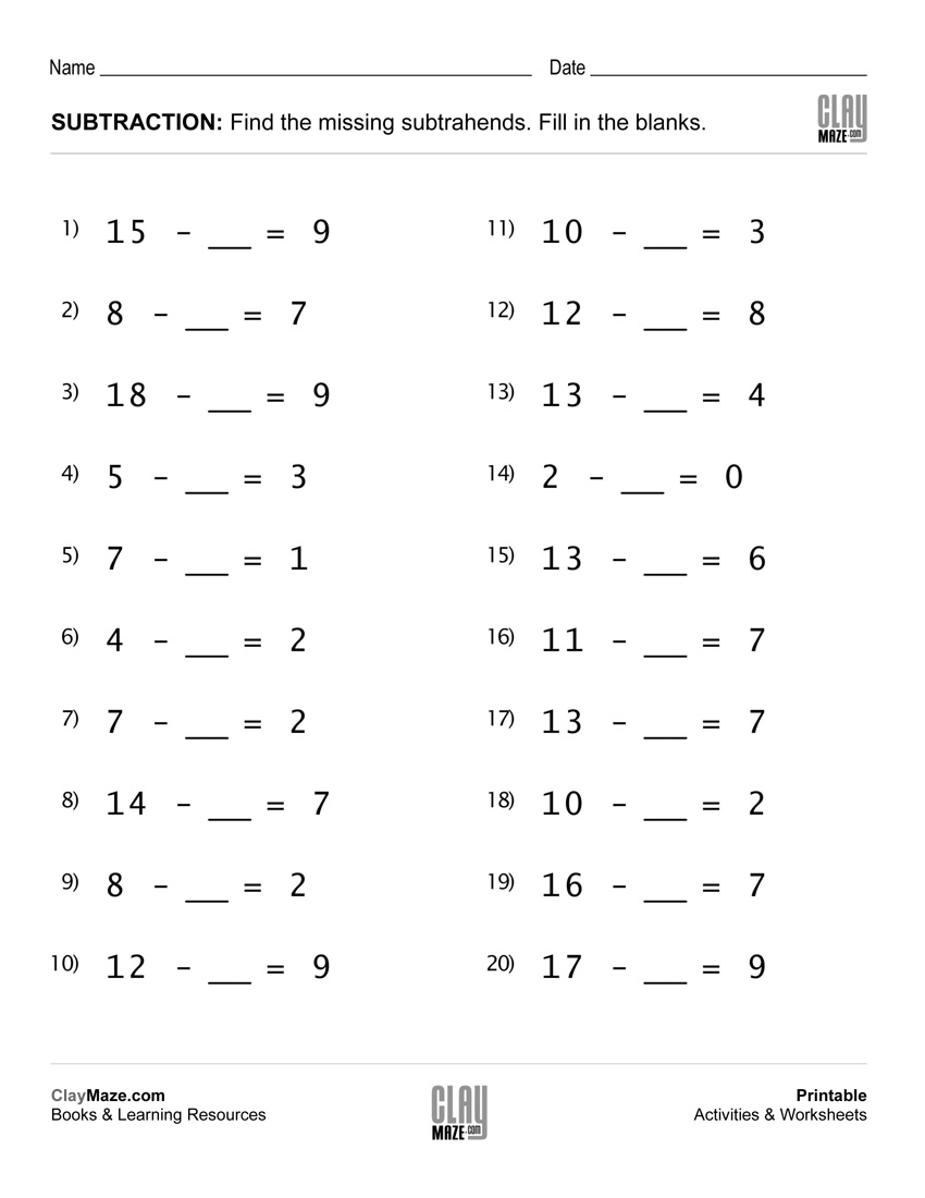 Subtraction Worksheet â Fill In The Blanks Subtraction Facts (set